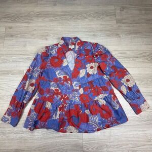 Tuckernuck Blue Rhapsody Bristol Floral Tiered Babydoll Blouse Red Blue Cotton M